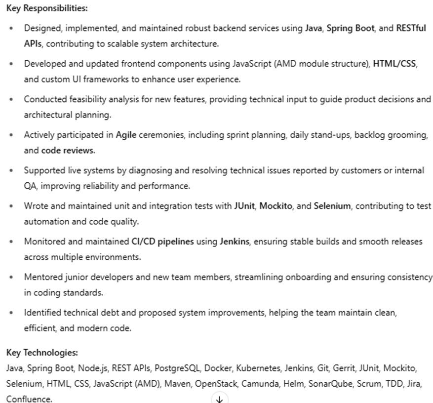 tailored result from chatgpt for full stack developer CV